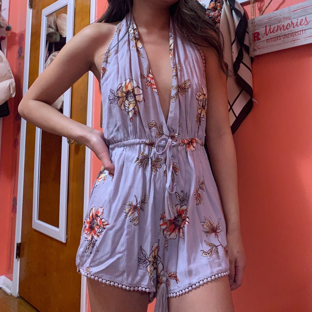 Plunging open-back halter romper
